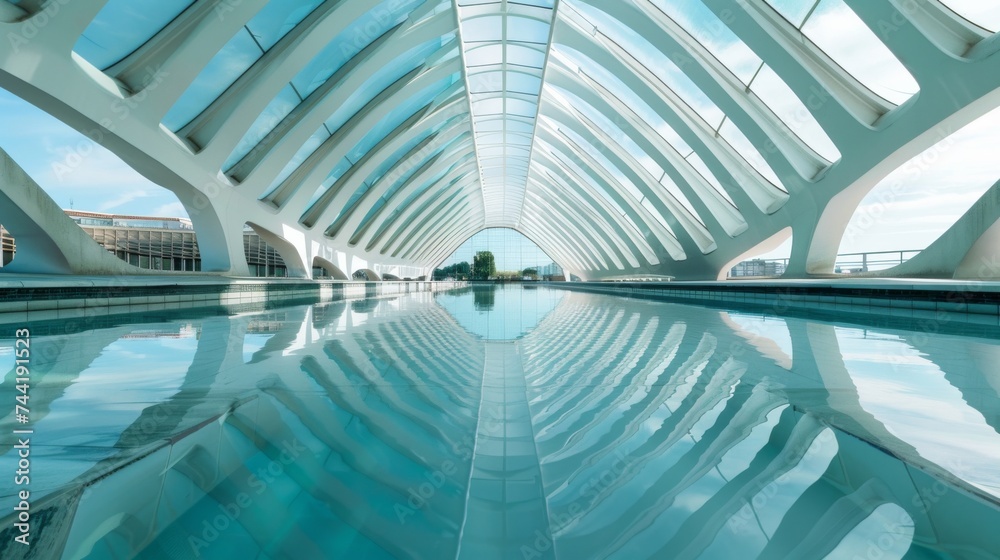 Poster A shimmering oasis of light and luxury, this pool with a large roof invites you to bask in the tranquility of its reflective waters while the warm rays of daylight dance through the stunning architec