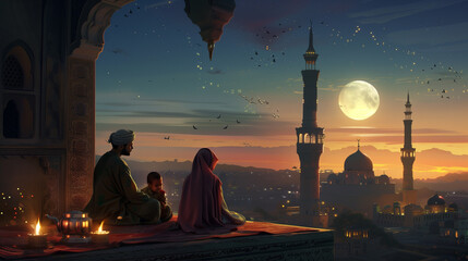 Islamic holiday with minarets, moon and a happy family sharing Ramadan.