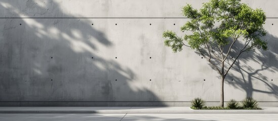 A tree casts a shadow on a gray cement wall creating a striking contrast of light and dark.