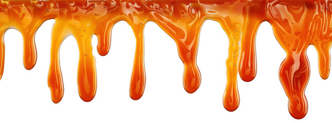 Salted caramel sauce dripping over isolated white transparent background - obrazy, fototapety, plakaty