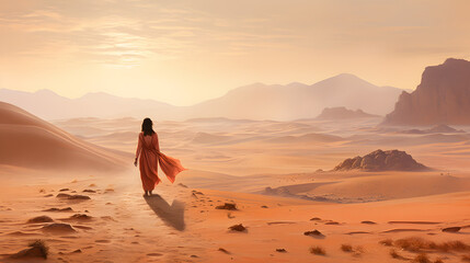 Fototapeta na wymiar a young woman walking through the sand in the desert