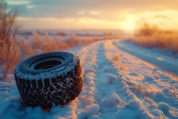 As the sun sets on a wintry landscape, a lone tire rests on a snowy road, its tread worn from countless journeys and its synthetic rubber braving the harsh elements, a symbol of resilience and the ev - obrazy, fototapety, plakaty