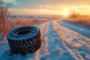 Fotobehang As the sun sets on a wintry landscape, a lone tire rests on a snowy road, its tread worn from countless journeys and its synthetic rubber braving the harsh elements, a symbol of resilience and the ev © Vladan