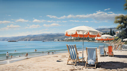 beach with umbrellas and chairs