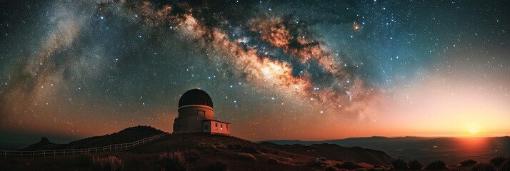 Observatory under starry night sky with Milky Way and sunrise