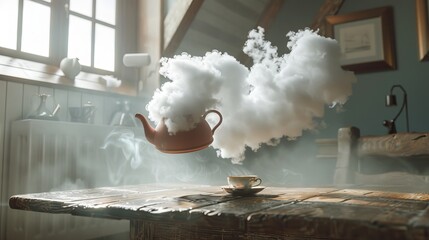 A quaint teapot sits atop a windowsill, its steam wafting through the room, adding warmth and charm to the indoor space