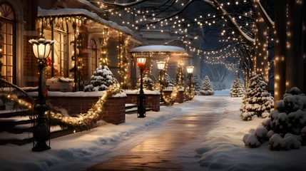 Gordijnen front sidewalk with christmas lights and tree in winter © Oleksandr