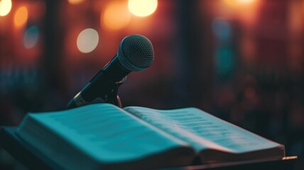Microphone on stage with open book in the background