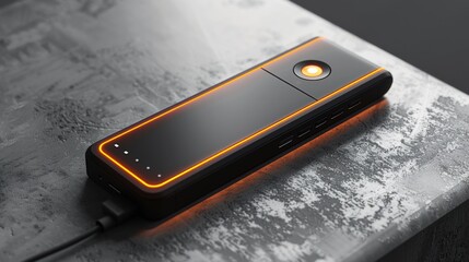 A modern and minimal portable power bank in matte-black carbon colour with orange highlights - AI Generated Digital Art