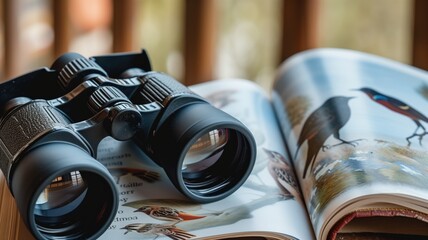 Black binoculars resting on an open bird guidebook