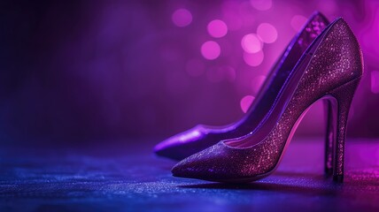 Glittery purple high heels on a dark background