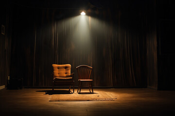 Two vintage chairs in an empty dark room in the rays of light. Generated by artificial intelligence