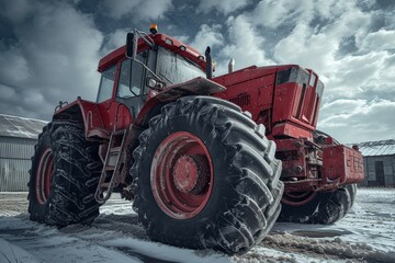 Obraz premium Roaring through the snowy landscape, a powerful red tractor with massive tires transports us to the vast and rugged world of agriculture