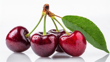 sweet cherry with leaves on white background