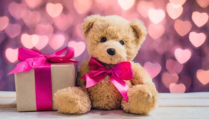 teddy bear with pink ribbon gift with pink bokeh valentine background