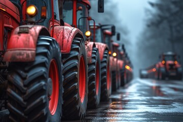 A vibrant line of crimson tractors traverse the fertile land, their sturdy tires and powerful wheels propelling them forward as symbols of hard work and the enduring spirit of the outdoors