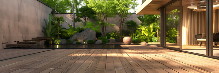 a modern terrace on wooden wood flooring, in the style of naturalistic cityscapes, photo-realistic landscapes