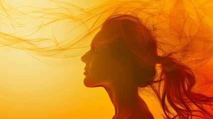A mysterious woman with flowing hair, adorned in a veil, stands in the warm amber glow of the setting sun, her identity hidden yet her presence captivating