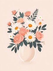 Stylized illustrations of bouquets in vases, showcasing a variety of flowers like roses and daisies in a soothing palette that evokes a sense of calm and elegance