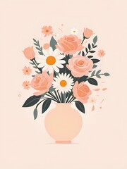 Stylized illustrations of bouquets in vases, showcasing a variety of flowers like roses and daisies in a soothing palette that evokes a sense of calm and elegance