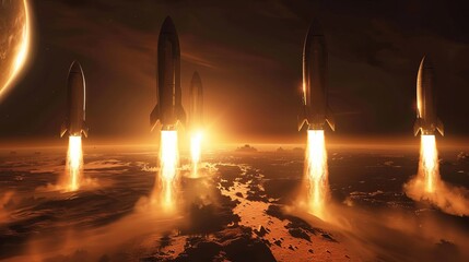 Fleet of spacecraft departing Earth, bound for Mars, signaling the beginning of humanity's colonization efforts on the red planet