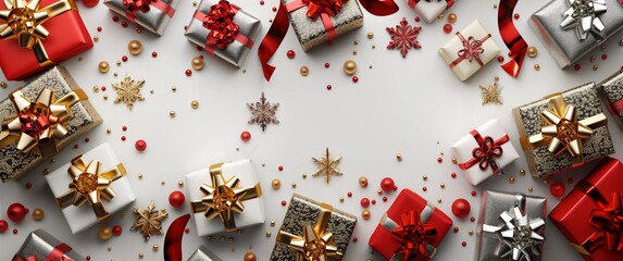 Christmas presents background on white background, gold and red, in the style of ambient occlusion, motion blur panorama, dark gray and white, copy space, punctuated caricature, tope view. - obrazy, fototapety, plakaty