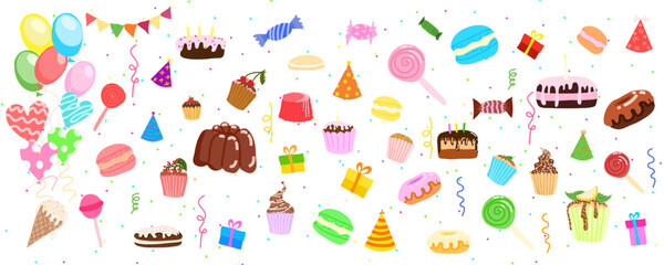 Birthday party vector illustration, sweet elements for colorful decoration of your party backgrounds,cards,invitations,website,posts