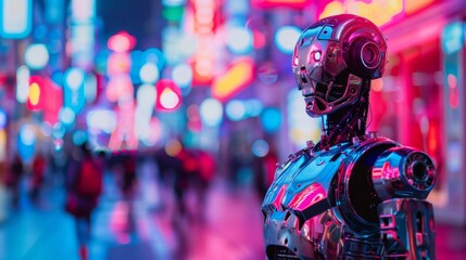 In the quiet of the night, a lone robot navigates the bustling city streets, its metallic frame illuminated by the neon lights as it blends in among the sea of fashionable clothing - obrazy, fototapety, plakaty