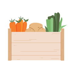 Wooden crate box of fresh produce. Box of organic farm vegetables, including carrots and potatoes. Flat vector illustration, isolated on white background.