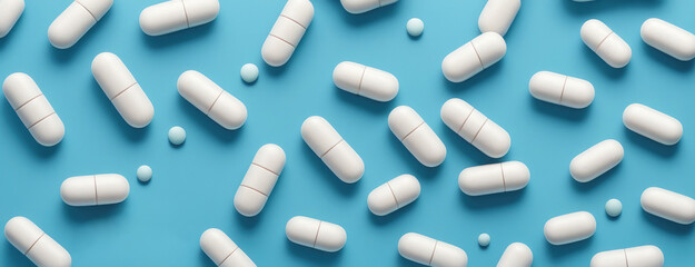 White Pills Scattered on Pastel Background