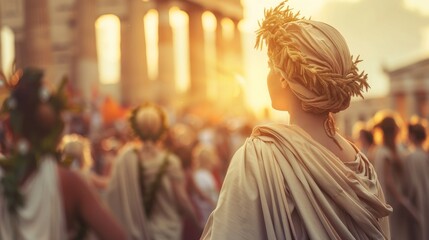 Naklejka premium A solitary figure draped in a flowing garment gazes upon a sea of faces, standing in awe before a majestic temple and its towering statues in the tranquil outdoor setting