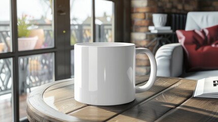 Blank coffee mug mockup on a cozy cafe table