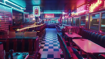 Nostalgic retro diner with neon signs, checkered floors, and vinyl booths, evoking the ambiance of the 1950s