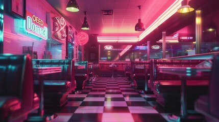 Nostalgic retro diner with neon signs, checkered floors, and vinyl booths, evoking the ambiance of the 1950s