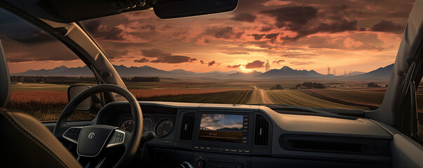 Beautiful view from driver luxury car seat. Evening sunset panorama from car window.