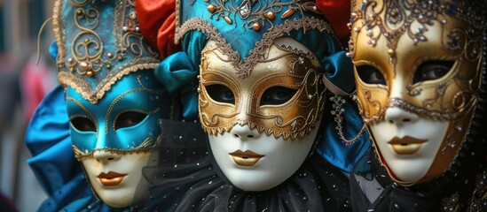A diverse group of individuals wearing vibrant leather masks walk together along a lively street, embracing the ambiance of a Venetian Carnival.