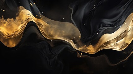 Abstract black fluid art liquid alcohol inks splash background with gold metal glitter