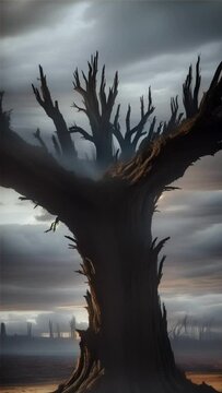 Eerie footage of a post-apocalyptic forest. Ideal for sci-fi films, environmental documentaries, or illustrating dystopian landscapes in multimedia projects. Vertical video