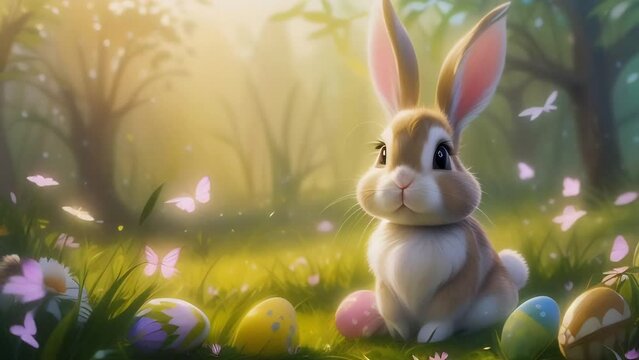 Cute cartoon bunny sits in a clearing next to Easter eggs, with grass, flowers and butterflies in the background.