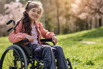 Beautiful disabled happy girl in a wheelchair in a spring park on a sunny day. Lifestyle and fresh air