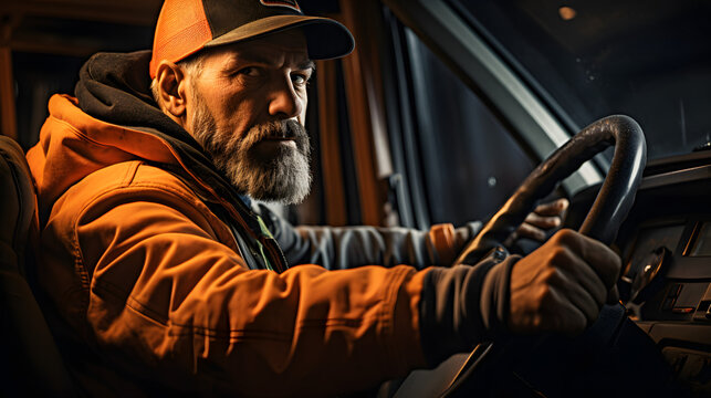 hardhatted man driving a truck with orange headwear stock photo et