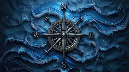 Maritime Journey: Compass Rose and Dark Waves on Ocean's Path