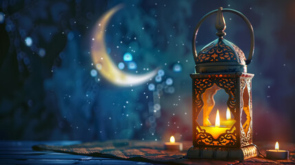 Arab lantern lit on a table and the crescent moon in the background - obrazy, fototapety, plakaty