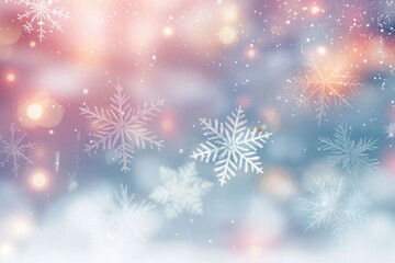 Christmas background with snowflakes and lights, light sky-blue and light magenta,  soft and dreamy atmosphere, subtle shading, happenings, cold and detached atmosphere, light red and light emerald.