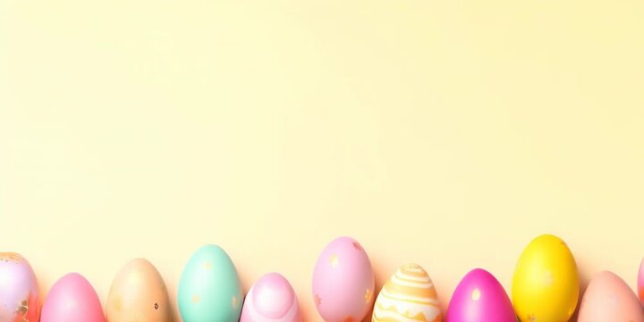 Row of vibrantly colored Easter eggs on a soft peach background with space for text. Suitable for Easter holiday promotions and spring event announcements.