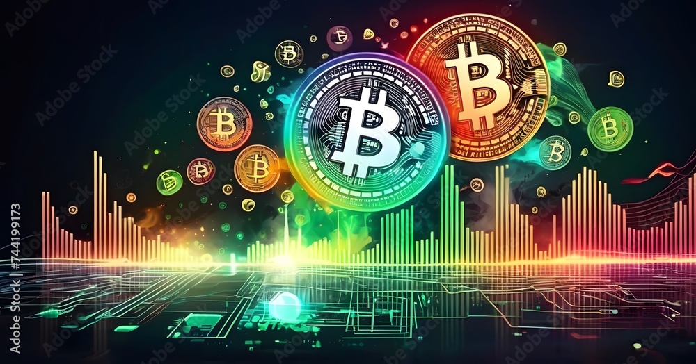 Poster a collection of bitcoins are displayed floating in the air on a vibrant background, creating an arti
