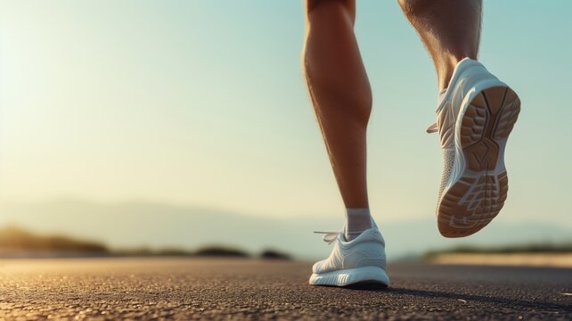 Close-up of running shoes on a sunlit road