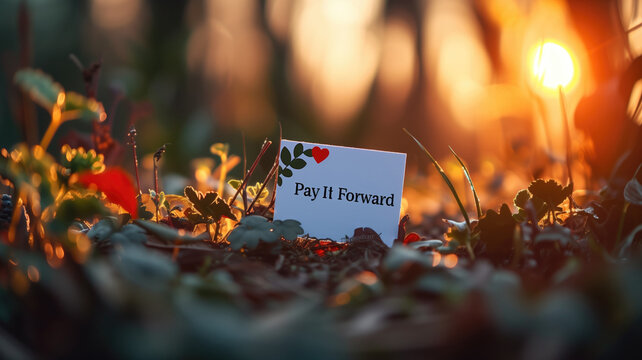 Card with 'Pay It Forward' on the ground at sunset