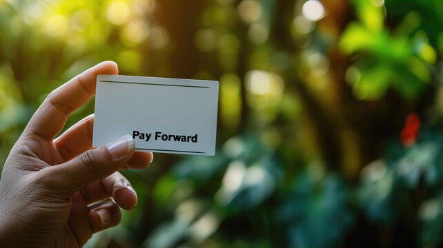 Hand holding a card that says "Pay Forward" in nature