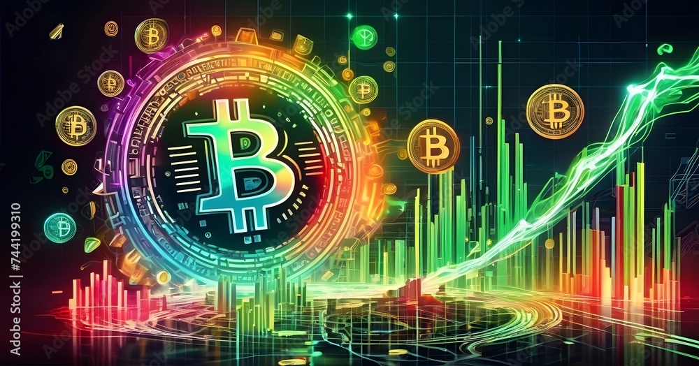 Poster a collection of bitcoins are displayed floating in the air on a vibrant background, creating an arti